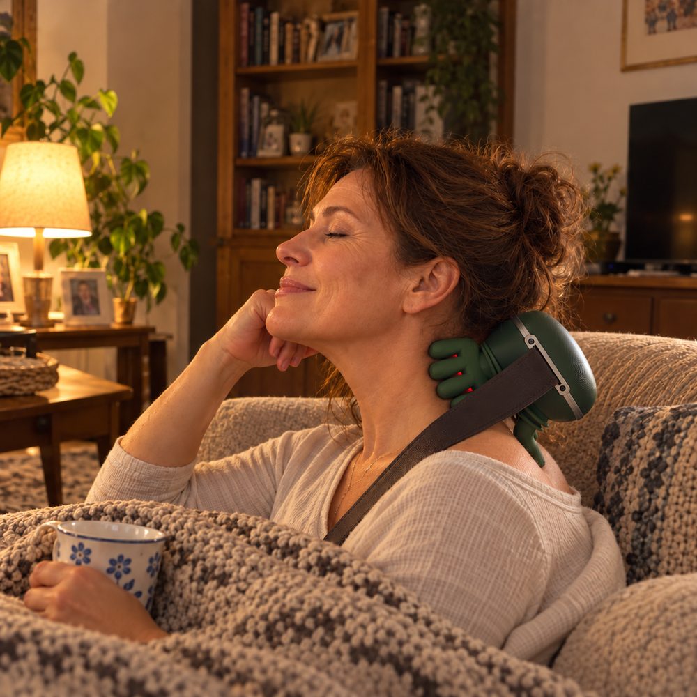 Nő este a kanapén takaróval és bögrével, csukott szemmel mosolyog, nyakán a RelaxTouch masszírozóval