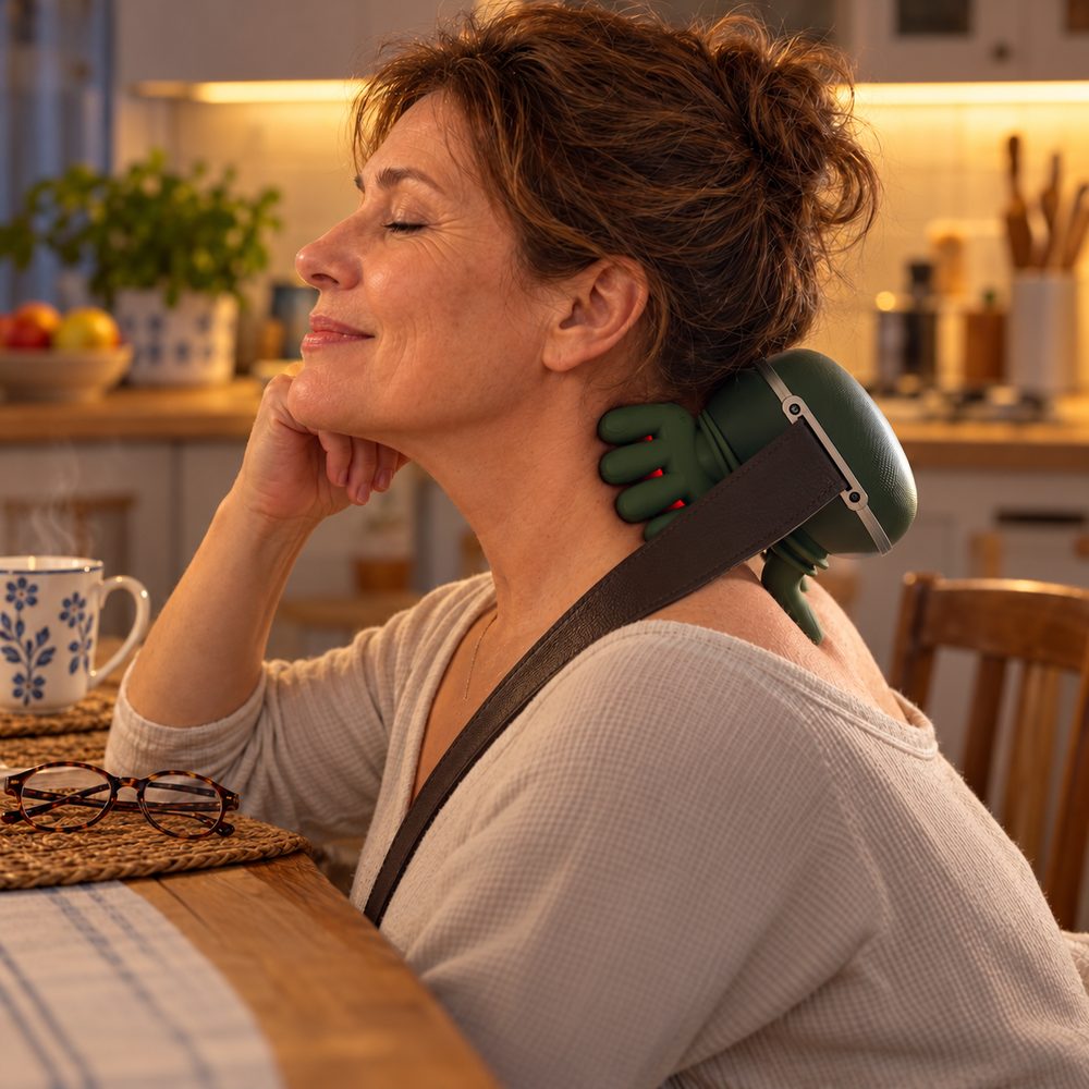Nő munka után a konyhaasztalnál hátradől, csukott szemmel, nyakán a RelaxTouch masszírozóval