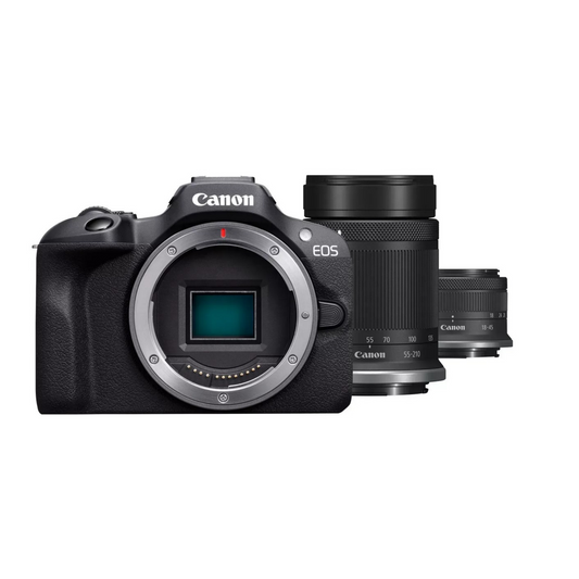 Canon EOS R100 + RF-S 18-45mm F4.5-6.3 IS STM + RF-S 55-200mm F5-7.1 IS STM Kit MILC 24,1 MP CMOS 6000 x 4000 пиксела Черен (6052C023)